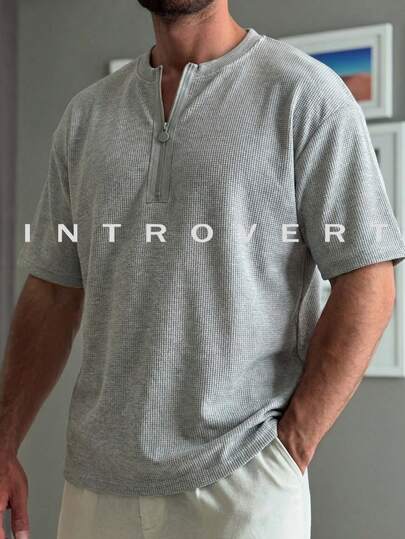 男士夏季新款华夫格圆领T恤，四分之一拉链设计，纯色学院风休闲上衣