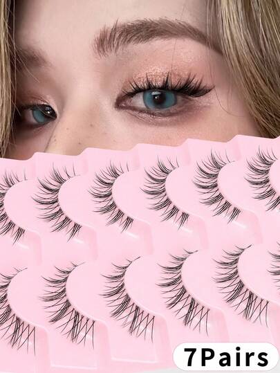 7 Pairs Cartoon Style False Eyelashes, Faux Mink, Cosplay, Cat Eye Makeup, Anime, Extended Winged, Strip Lashes