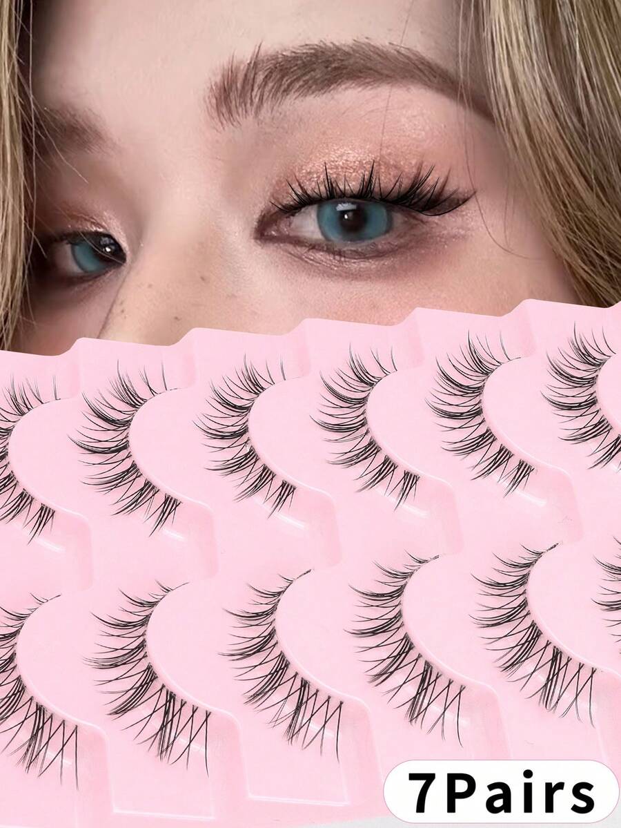 7 Pairs Cartoon Style False Eyelashes, Faux Mink, Cosplay, Cat Eye Makeup, Anime, Extended Winged, Strip Lashes - Black - View 1