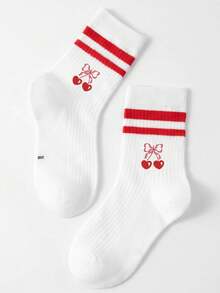 1 Pair Children's All-Season Parallel Bar Red Socks, Printed With Heart, Cherry, Bow Elements, Minimalist Casual Versatile, Suitable For Daily Wear - Multicolor - View 7