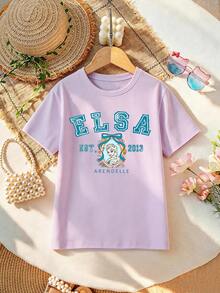 Disney Apparel, Featuring A Double-Sided Print Of Disney's Princess Elsa On This Girls' T-Shirt. This Soft, Breathable Short-Sleeve Crew Neck Tee Is Perfect For Spring And Summer Wear, Ideal For Everyday Outfits, Vacation Leisure, Outdoor Adventures, School Life, And Shopping Trips. It Also Makes An Excellent Gift For Boys And Girls Alike. Every Child Deserves One. - Mauve Purple - View 3