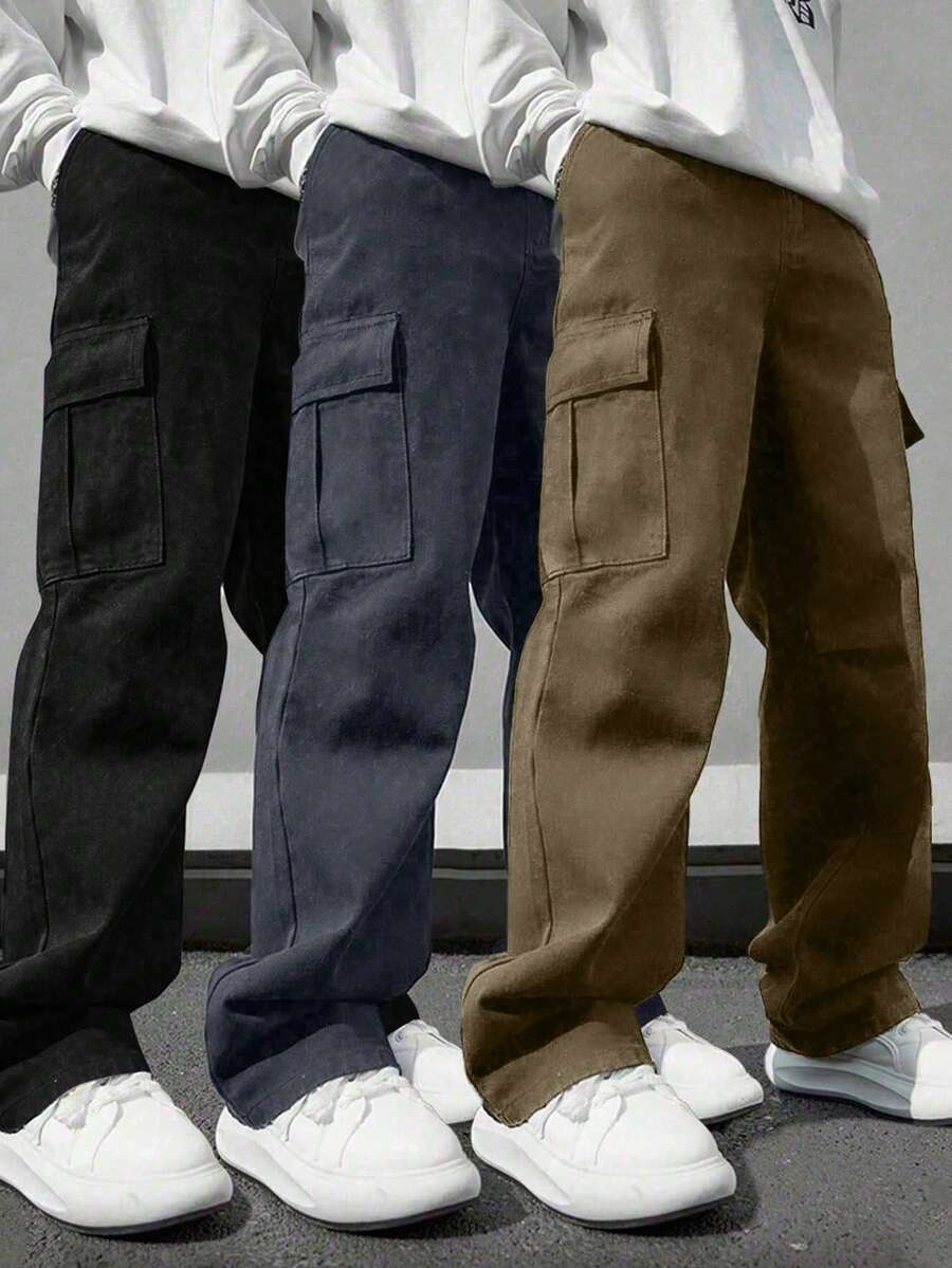 3件裝青少年男款休閒街頭風極簡運動戶外工裝長褲，春秋款 - 彩色 - 查看 1