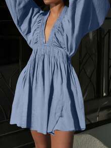 Spring/Summer New Elegant Fashion Sexy Deep V-Neck Puff Sleeve Slim Fit Casual Mini Dress, Vacation Boho & Tropical & Sun Dress - Dusty Blue - View 9