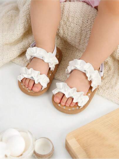 Newborn Infant Girls' Summer Soft Bottom Sandals, Wedding Dress Flat Shoes, Beach Slippers, Toddler Anti-Slip Shoes With Cute Ruffle Design