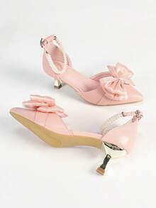 女士高跟镂空鞋，低跟尖头仿珍珠绑带，时尚法式蝴蝶结网眼镂空婚鞋 - 粉色 - 查看 5