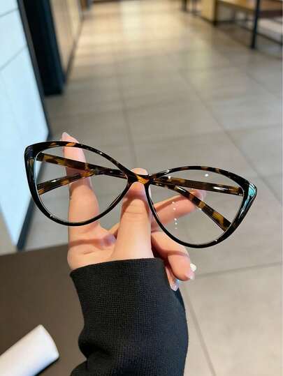 1副猫眼妆容免化妆多功能眼镜，纯色TPR（热塑性橡胶）防蓝光平光眼镜，春、夏、秋、冬百搭配饰