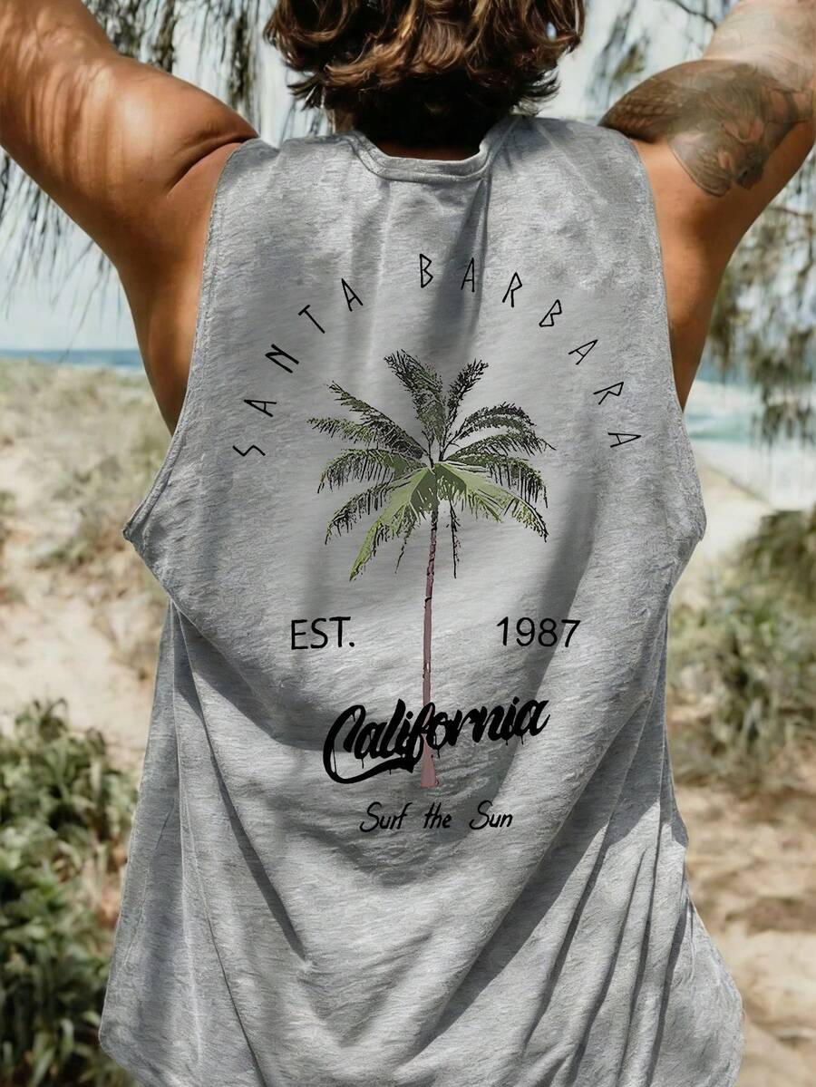 男士休闲椰子树字母印花背心