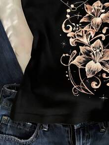 女士优雅岛屿百合仙女花夏季上衣，夏季上衣，女士夏季服装，女士沙滩装，女士休闲吊带上衣 - 黑色 - 查看 4