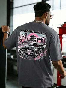 Fractyr Men's Fashionable Printed Loose Short Sleeve T-Shirt | Exquisite Design | Racing Car & Cherry Blossom Print | Summer Essential | Easy To Match, Showcase Your Style - Dark Grey - View 5