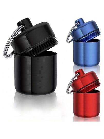 小型药盒，钥匙扣药盒，便携式防水旅行药盒，带坚固安全扣，迷你金属药盒带钥匙环，适合存放药品、耳机、首饰等。