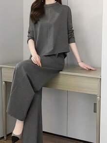 2026 Spring New Minimalist Asymmetrical Two-Piece Set – Flowy Waist-Cinching Top + Wide-Leg Trousers, Elegant Modern Luxury Women's Suit - Xám - Xem 3