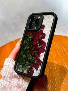 1pc Black Romantic Rose Pattern Full Coverage TPU Shockproof Phone Case Compatible With IPhone 17, 16, 15, 14, 13, 12, 11 Pro Max - Multicolor - View 4