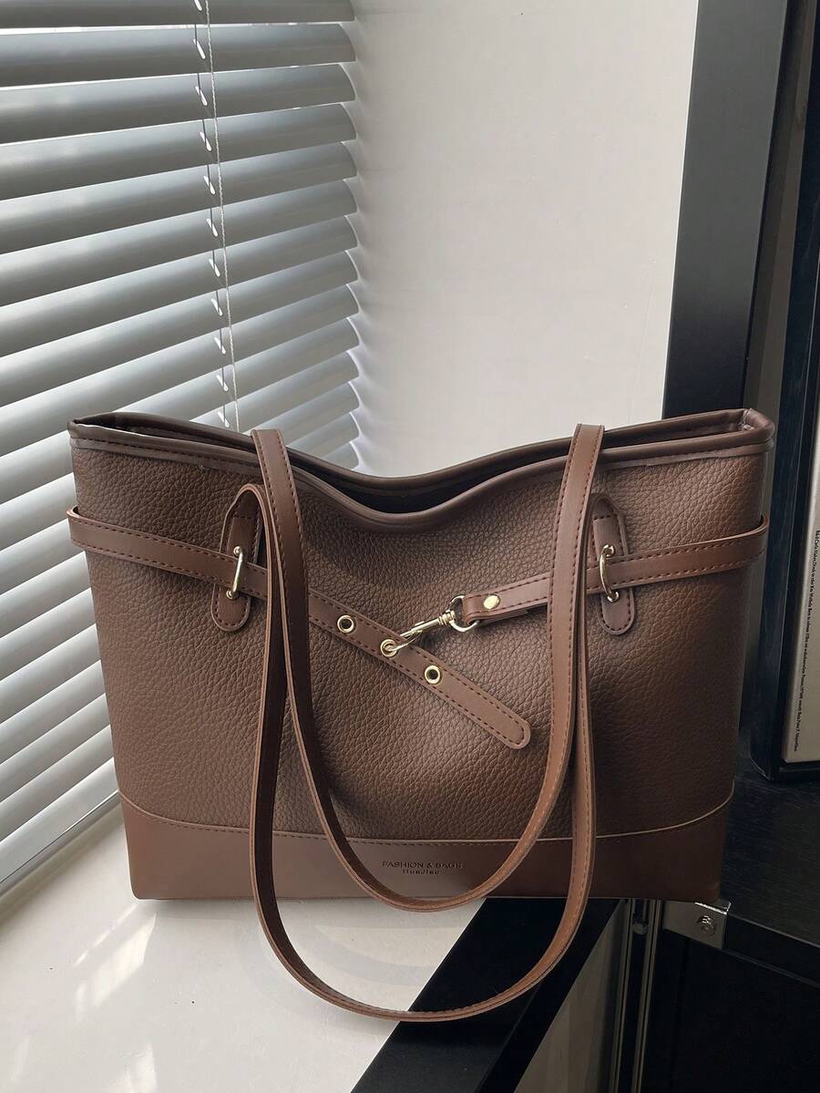 1件女款時尚通勤拼色單肩包,便攜百搭奢華大容量托特包,適合約會、購物、送禮、工作、通勤 - 咖啡棕 - 查看 1