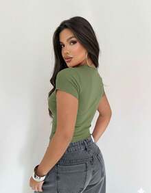 Baby Look Short Sleeve Fitted Basic Comfortable Everyday Casual Corset Effect Glamour - Mint Green - View 2