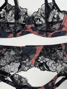 Leopard Print Embroidered 5-Piece Sexy Lingerie Set For Women, Includes Garter Belt, Gloves And Stockings, Intimate Sleepwear - Brown - View 8