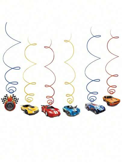12件套赛车主题悬挂装饰品，赛车主题生日派对天花板装饰，多色赛车螺旋悬挂装饰品，派对天花板背景装饰，适合赛车迷生日派对、迎婴派对、赛车主题派对、启动引擎生日派对、赛车派对装饰