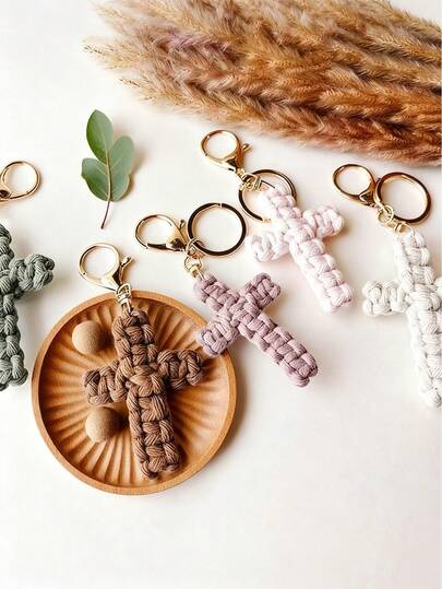 Macrame Cross Keychain, Jesus Key Chain, Christian Car Accessories Handmade Soft Cross Keychain Boho Decor, Purse Accessories Charm, Elegant Car Ornament, Backpack Charms, Purse Pendant, Lightweight And Versatile, Fashionable, For Car Keys & Handbag Charm, Birthday Gifts, Holiday Gifts, Anniversary Gifts
