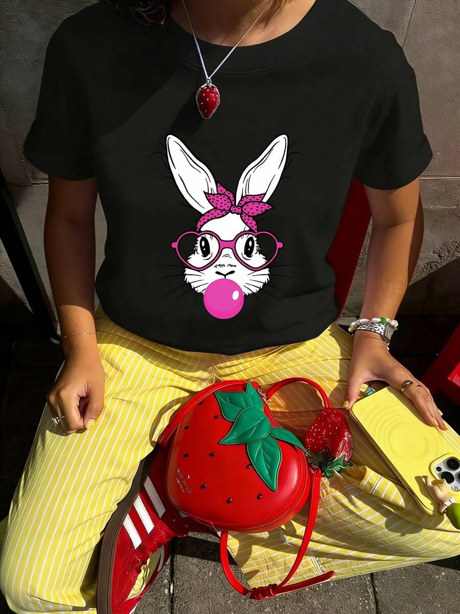Camiseta Casual De Mujer 100% Algodón, Cuello Redondo, Estampado De Conejo Temático De Pascua, Transpirable Para Primavera/Verano/Otoño, Lavable A Máquina, Ideal Para Ropa Deportiva Casual, Camiseta De Manga Corta Pura, Top De Cuello Redondo Para Mujer - [Negro] - Ver 1