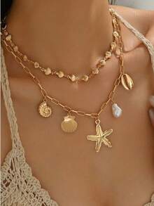 2pcs Ocean Style New Gold Starfish Shell Baroque Faux Pearl Pendant Necklace, Women's Summer Beach Vacation Party Casual Accessory Jewelry Necklace - Yellow Gold - View 2
