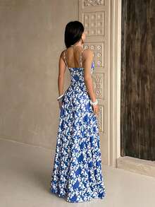 Elegant Full-Print Backless Maxi Dress, Suitable For Women's Vacation And Home Wear, Waist-Cinched A-Line Camisole Dress - Blue - View 7