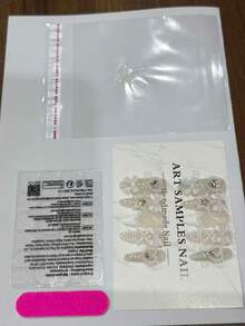 10片手工制作闪亮法式精致仿珍珠线条，散发白色优雅气息，高端可佩戴美甲贴纸，手工制作按压式美甲贴片 - 彩色 - 查看 4