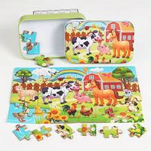 60pcs/Box Animal Puzzle - With Metal Box, Educational Cognitive Puzzle, Colorful Farm Animals, Durable Paperboard Material, Suitable For Boys & Girls, Enhances Cognition & Creativity, Interesting Illustrations, Children Puzzle Toy - Multicolor - View 3
