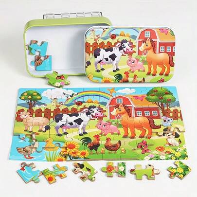 Bộ ghép hình động vật 60 mảnh/hộp - Hộp kim loại, trò chơi xếp hình giáo dục nhận thức, hình ảnh các loài động vật trang trại đầy màu sắc, chất liệu bìa cứng bền chắc, phù hợp cho cả bé trai và bé gái, giúp tăng cường khả năng nhận thức và sáng tạo, hình minh họa thú vị, đồ chơi xếp hình cho trẻ em.