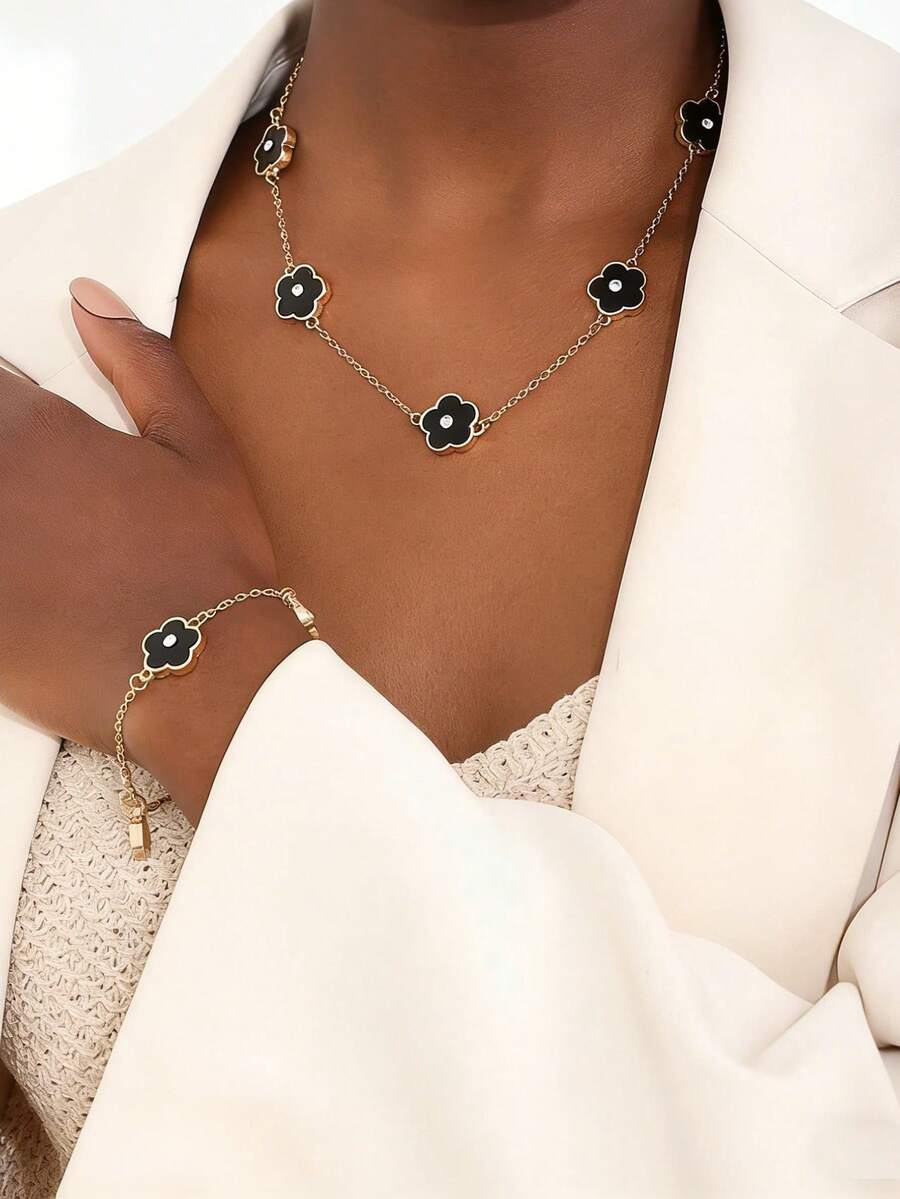 2件套 时尚百搭优雅金属花朵四叶草水钻首饰套装 - 项链和手链 - 黑色 - 查看 1