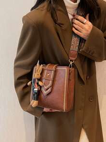 女士迷你复古刺绣斜挎水桶包 - 咖啡棕 - 查看 6