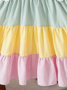 Girls' Summer Sleeveless Collared Striped Dress With Daisy Decor & Colorful Skirt, Fresh & Sweet Casual Dress - Multicolor - View 6