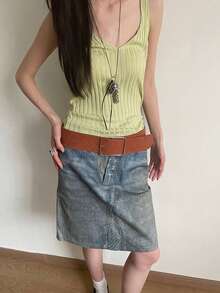 1件卡其色PU材质复古百搭纯色显瘦宽腰带，女士适用 - 棕色 - 查看 4