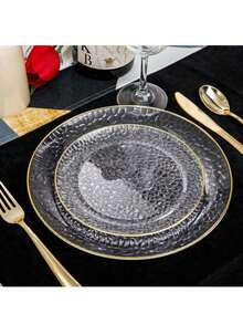50/25/12pcs Transparent Hammered Gold Rim Plates, High-End Salad Plate, Cake Plate, Fruit Plate, Dessert Plate, Western Dinner Plate, 10.25 Inch And 7.5 Inch Plates, Suitable For Holiday Gifts, Family Gatherings, Parties, Outdoor, Weddings, Restaurants, Kitchens - Multicolor - View 4