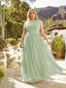 EVERPRETTY Vestido de dama de honor asimétrico de gasa verde oliva elegante talla grande, adecuado para invitados de boda de primavera/verano, fiesta de noche - verde menta - Ver 1