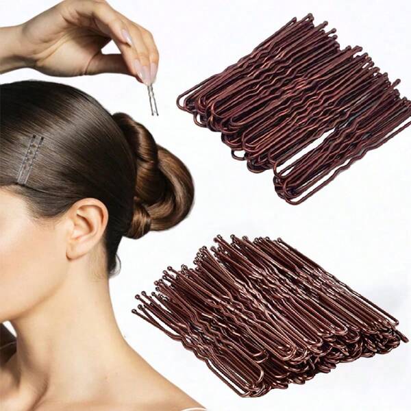 80/120pcs Women Simple Fashion Street Casual Cute Elegant Convenient Brown Metal U-Shaped Hair Clips, U-Shaped Wavy Clips, Hair Styling Clips, Hair Accessories Suitable For Women Daily Commute, Vacation, School, Bun Hairstyle, Bathing, Sports