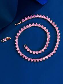 1件闪亮心形粉色立方氧化锆爱心网球链项链，订婚派对和婚礼装饰，女士款 - 粉色 - 查看 6