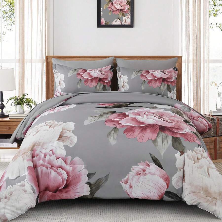 7 Piece Grey Pink Floral Comforter Set Full/Queen/King Size Bed In A Bag, Blush Flowers Printed On Light Pink Comforter Set With Sheets, Soft Microfiber Botanical Bedding Set For Wedding Items,Home Bed Room Decor,Easter Gifts,Mothers Day Gift,All Season - Grey Pink-090869 - 查看 1