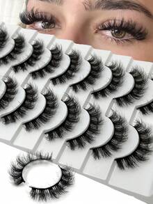 新款10对装假睫毛，柔软蓬松3D水貂毛假睫毛，浓密手工水貂毛假睫毛，自然逼真假睫毛 - 黑色 - 查看 6