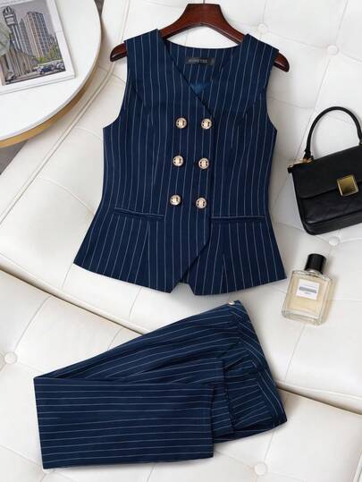 HOMEYEE Striped Suit Vest Set, Double-Breasted Business Casual Blazer Jacket And Tailored Trousers, Versatile Outfit Suitable For Various Occasions, Resort And Business, 2 Pieces Set