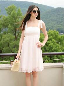 Women Y2k Cute Babydoll Mini Dress Corset Lace Patchwork Sleeveless Ruffled A-Line Flowy Short Dress Beach Streetwear - Apricot - View 1
