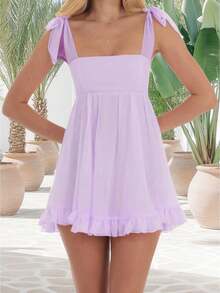 Women Y2k Cute Babydoll Mini Dress Corset Lace Patchwork Sleeveless Ruffled A-Line Flowy Short Dress Beach Streetwear - 紫羅蘭色 - 查看 1