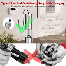 [Stainless Steel Grinder] 2pcs/1pc Rechargeable Electric Salt And Pepper Grinder Set, Premium Stainless Steel Automatic Pepper Salt Mill Grinder Set With LED Light, 3.2oz Larger Capacity, 6 Adjustable Coarseness - 2PCS - View 7