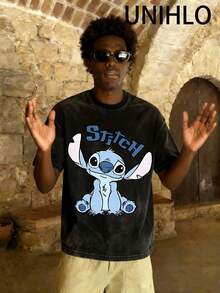 Disney UNIHLO  Stitch  Printed Summer Heavyweight Retro Washed Street Fashion Casual T-Shirt - 黑色 - 查看 1