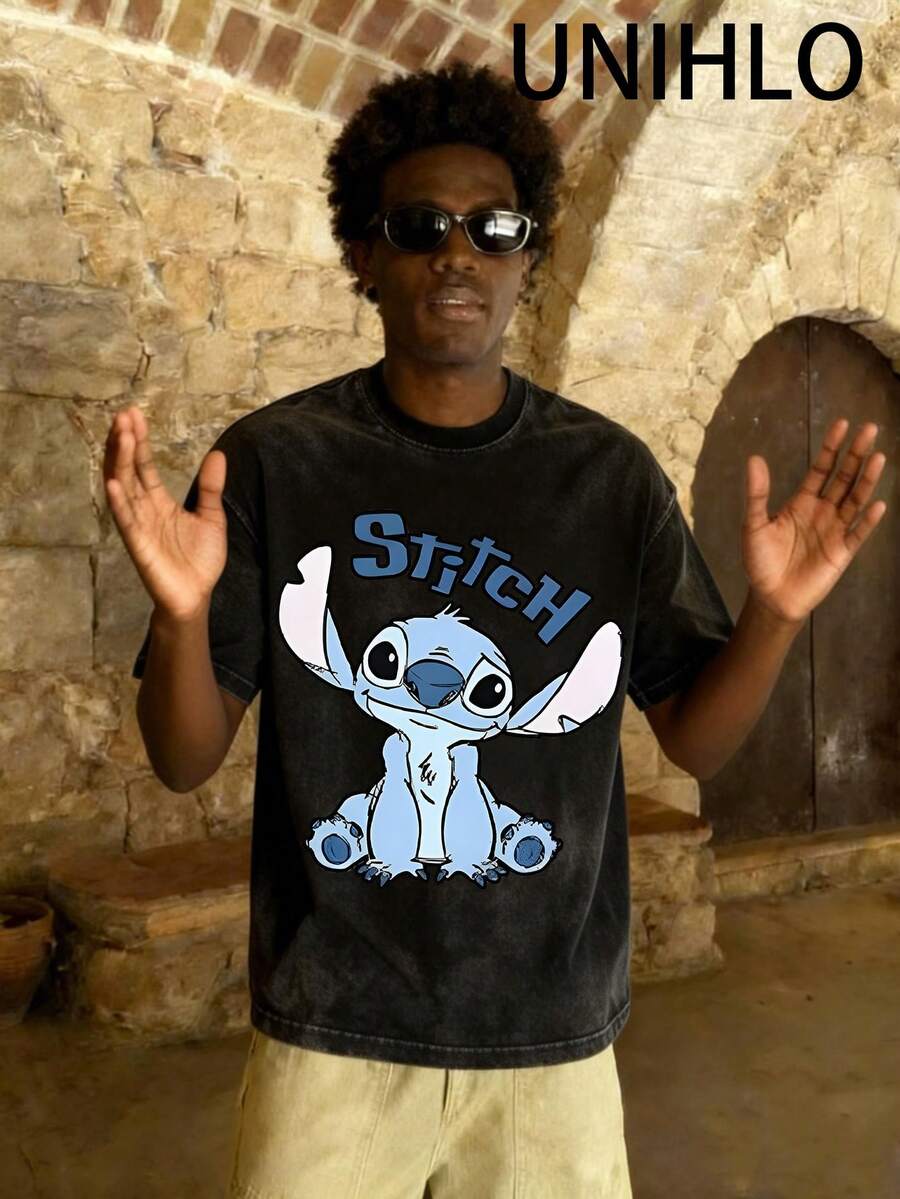 Disney UNIHLO  Stitch  Printed Summer Heavyweight Retro Washed Street Fashion Casual T-Shirt - 黑色 - 查看 1