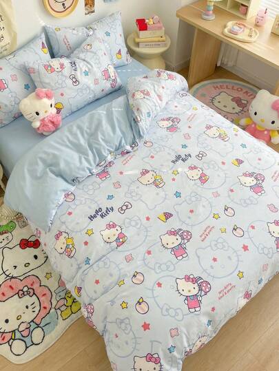 SANRIO 三丽鸥三件套被套 - 1个被套 + 2个枕套（不含填充物），可爱卡通图案，全尺寸，柔软舒适，适合宿舍、家庭卧室、酒店，四季皆宜，带拉链封口和枕套，多色可选，经久耐用