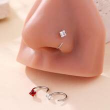 1pc White Square, 1pc Red Square, 1pc White Heart Shaped Shiny Cubic Zirconia Nose Rings, Stainless Steel C-Shape Nose Piercing Studs, Minimalist Fashion Party Wear Gift For Women - Simplicity - View 1
