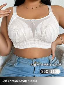 1pc Plus Size Women Minimalist Comfortable Wireless Bra, Mesh Patchwork, Knit Fabric - White - View 3