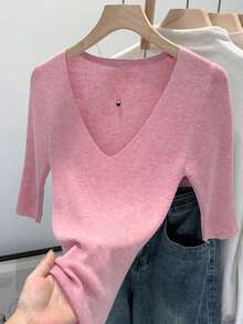 Comfortable, Skin-Friendly Knit Sweater, Fitted Silhouette, Short Sleeve, V-Neck, Elastic, Casual Elegant Versatile, Suitable For Commuting, Suitable For Summer And Autumn/Winter Pink - Pink - View 2