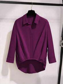 大码女士优雅通勤纯色翻领长袖衬衫 春季 - 中紫紅色 - 查看 4