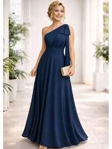 Bridesmaid Dress For Graduation Without Glitter, Nude Rose, Terracotta, Serenity, Olive, Black Or Fuchsia, Bow, One Shoulder. - 藏蓝色 - 查看 2