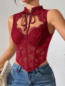 1pc Fashionable Y2K Lace Mesh Fishbone Bustier Crop Top, Sexy Fitted Corset Top For Party, Holiday Gift, Christmas, Valentine's Day, Halloween - Burgundy - View 6